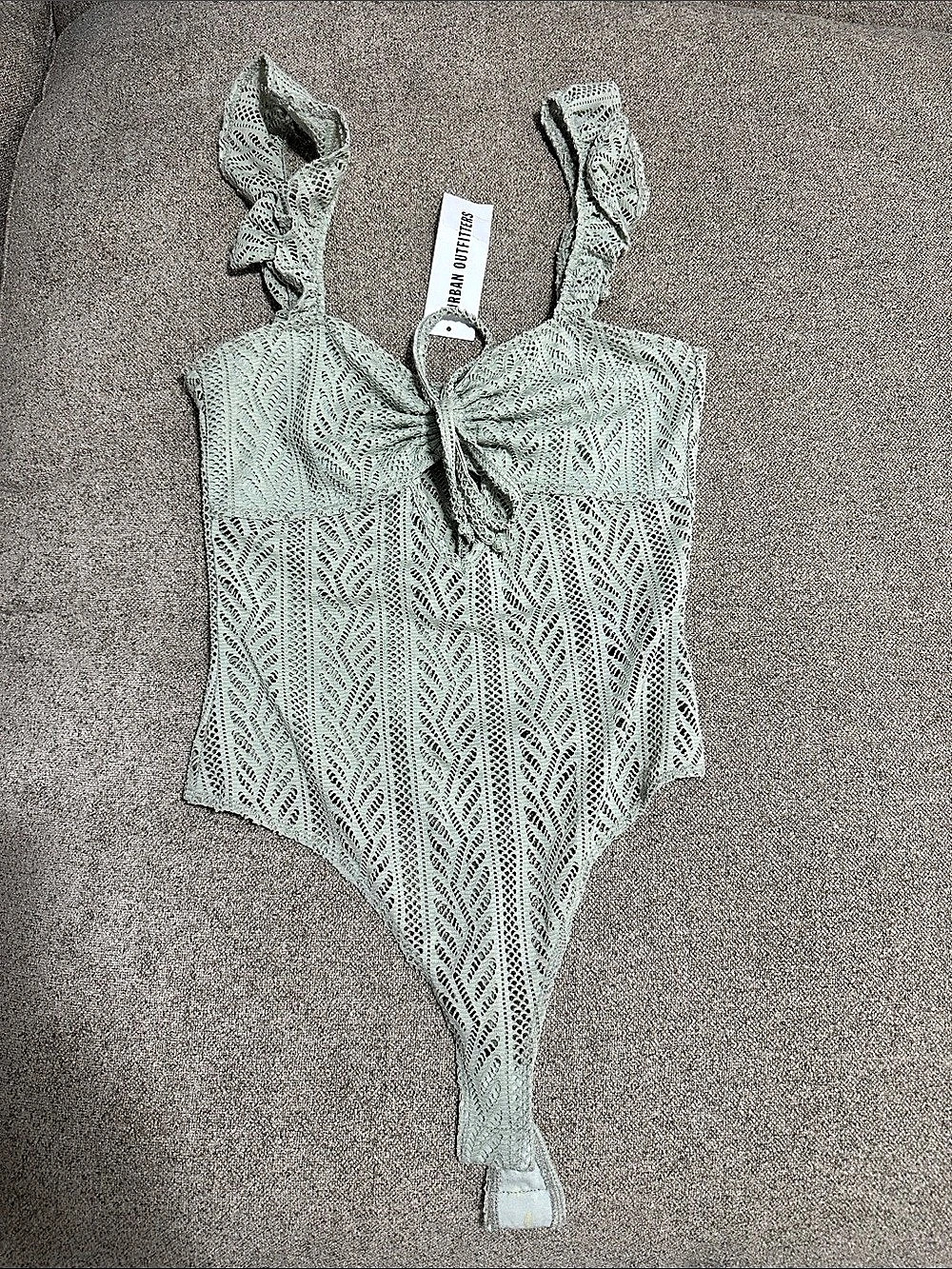 Urban Outfitters Lace Bodysuit with Ruffle and Front Tie Detail Green One-Piece